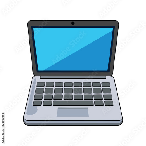 Open Laptop Computer with Blue Screen and Keyboard technology device