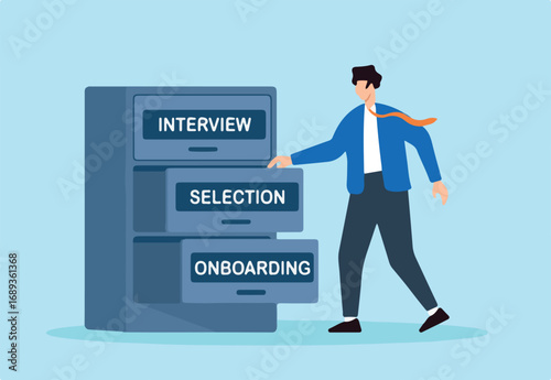 Flat illustration of human resource manager opening filing cabinet drawers labeled interview selection and onboarding to organize recruitment process