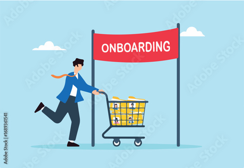 Flat illustration of human resource manager pushing trolley full of candidate files toward onboarding finish line in recruitment process