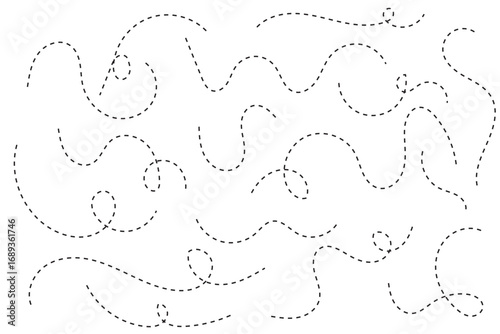 Path travel dotted line trip dashed trace destination track plan travelling symbol vector. Hand drawn dotted lines path on white background. Navigation apps, GPS, tourism guides, delivery tracking.