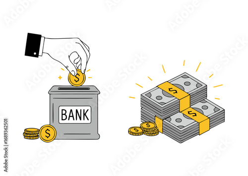A simple line art illustration depicting the process of saving money, showing a hand depositing a coin into a bank and the resulting accumulation of cash and wealth