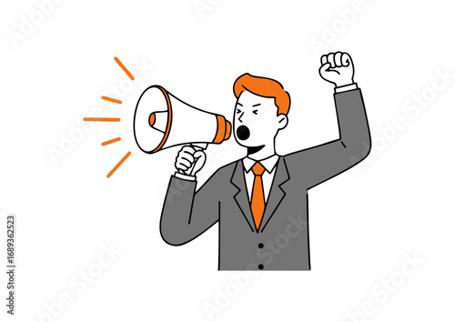 A vector illustration of a man in a business suit holding a megaphone, shouting, and raising his fist. The man has orange hair and a matching orange tie, emphasizing the accent color.