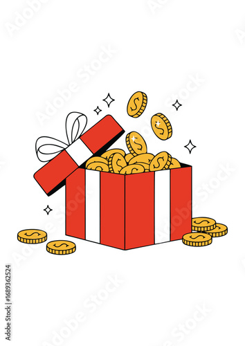 A minimalist illustration of a surprise cash prize, a red gift box overflowing with golden dollar coins symbolizing wealth and financial success