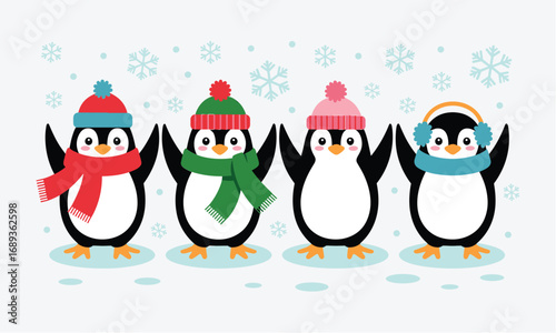 Adorable penguins in cozy winter hats and scarves, cute cartoon penguins, playful animals in winter fashion, penguins with colorful cold weather accessories, happy penguins in hats, wintery penguin de