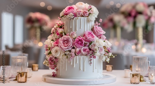 A luxurious floral wedding cake with fresh roses and white icing drips, elegantly displayed for a refined, romantic celebration