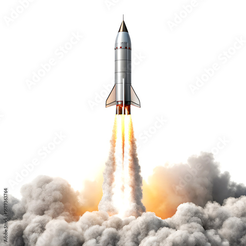 The sleek metallic rocket blasts off from the ground, generating a massive plume of fiery orange exhaust and billowing white.