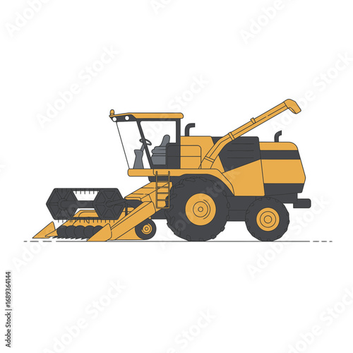 Yellow and Grey Combine Harvester in Profile View