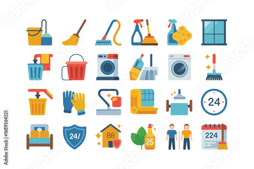 Flat icon set of cleaning and housekeeping elements