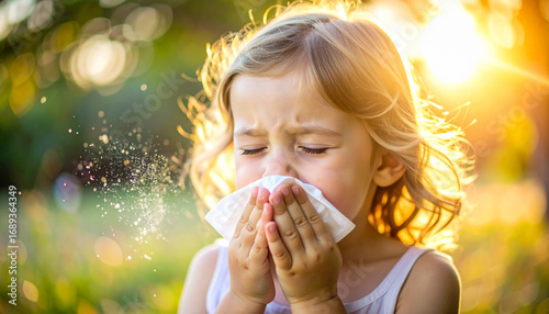 Little girl with allergies blowing her nose with a tissue in the sunshine, Suffering with allergy symptoms and sneezing into a napkin