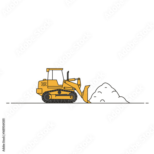 Yellow Bulldozer Pushing Pile of Dirt Simple Line Illustration