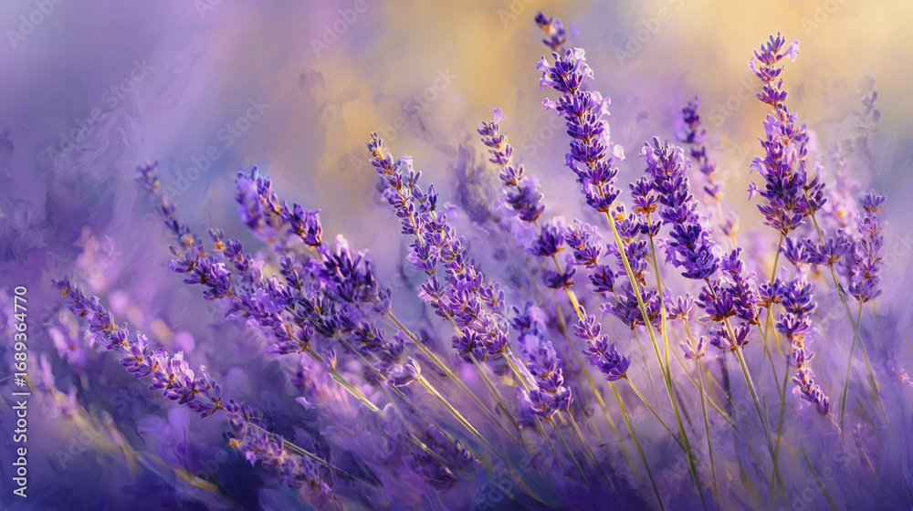 Naklejka premium Elegant wedding invitation card background watercolor pictures Natural little a Lavender flower field in a lifestyle style expressing wonder with pastel floral shades and golden lighting harmony