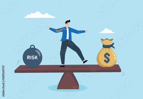 Businessman balancing on seesaw between risk and money bag reward concept management investment decisions and equilibrium