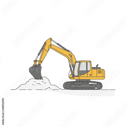 Yellow Excavator Digging Pile of Dirt
