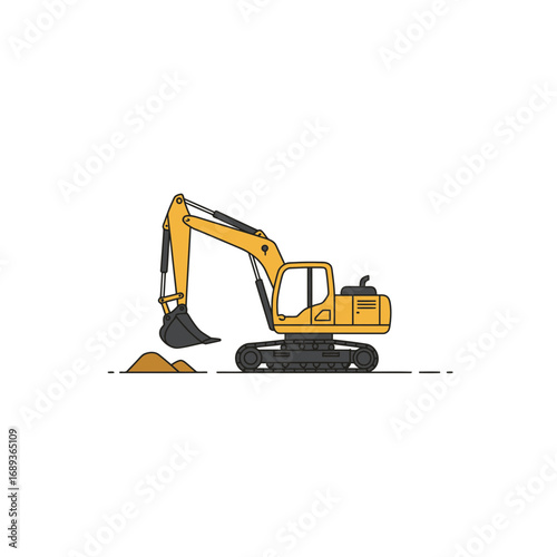 Yellow Excavator Digging Pile of Dirt