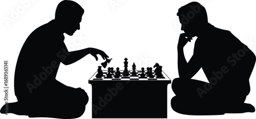 Vector illustration of two people playing chess, thoughtful strategy game, intellectual competition, silhouette of players concentrating, board game activity, mental challenge.