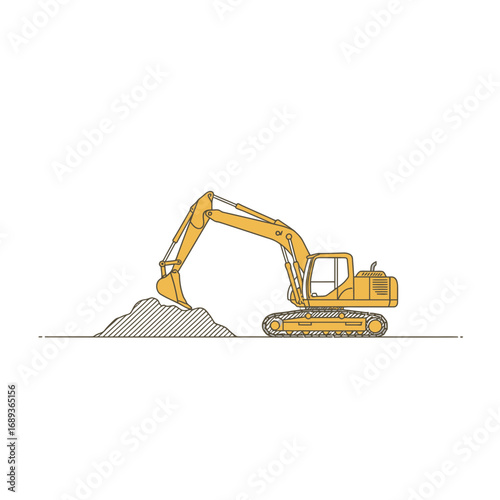 Yellow Excavator Digging Pile of Dirt Simple Line Art Illustration