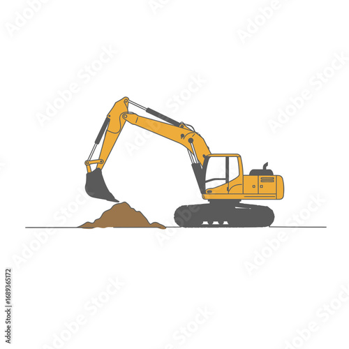 Yellow Excavator Digging Pile of Dirt on White Background