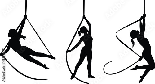 Vector illustration of female aerial silk dancers performing graceful poses on suspended fabric, gymnastics art, acrobatic sport silhouettes, fitness and flexibility.