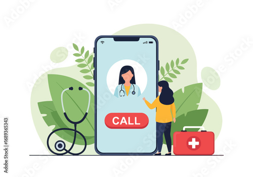 Flat style Vector illustration of a woman using a smartphone for online doctor consultation, symbolizing telemedicine, healthcare technology, remote medical services, and digital health solutions