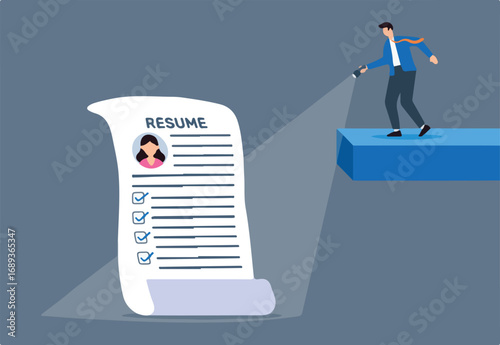 Flat illustration of recruiter using flashlight to highlight resumes focused candidate search illuminating top talent detailed scrutiny standout profiles