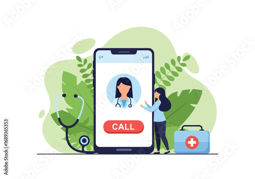 Flat style Vector illustration of a woman using a smartphone for online doctor consultation, symbolizing telemedicine, healthcare technology, remote medical services, and digital health solutions