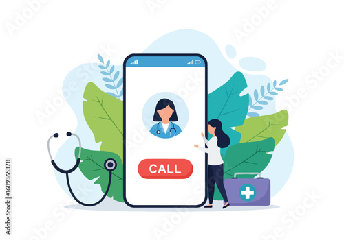 Flat style Vector illustration of a woman using a smartphone for online doctor consultation, symbolizing telemedicine, healthcare technology, remote medical services, and digital health solutions