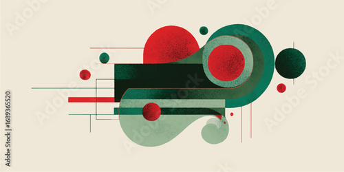 Abstract geometric shapes creating a modern design with circles rectangles and flowing lines in a textured style