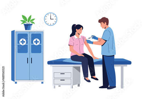 Flat style Vector illustration of a doctor giving a patient a vaccination in a medical office, symbolizing healthcare, prevention, immunization, treatment, and medical services