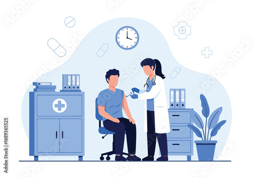 Flat style Vector illustration of a doctor giving a patient a vaccination in a medical office, symbolizing healthcare, prevention, immunization, treatment, and medical services