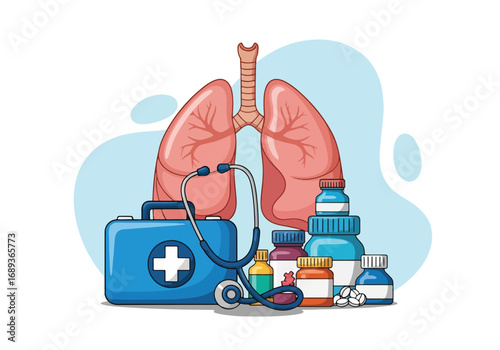 Flat style Vector illustration of human lungs with medicine bottles, stethoscope, and first aid kit, symbolizing pulmonology, respiratory health, medical treatment, and healthcare research