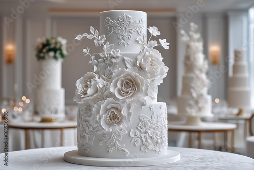 A luxurious white wedding cake adorned with intricate designs and topped with delicate sugar flowers, perfect for an elegant affair