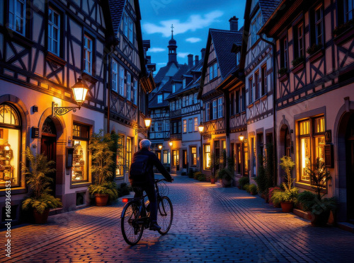 Cyclist in a historic German old town at evening