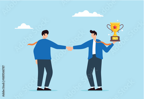 Employer shaking hands with candidate holding trophy concept hiring best rewarding top talent celebrating successful recruitment