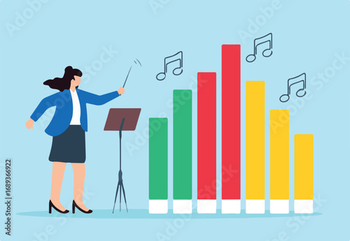 Harmonizing business strategies, orchestrating market growth, data-driven performance, strategic concept vector illustration. Analyst conducting orchestra of bar graphs