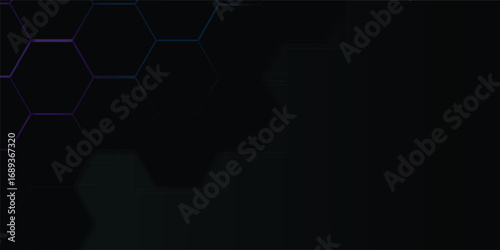 Abstract Geometric Hexagon Pattern Background, sophisticated background features a repeating pattern of hexagons, with glowing lines of purple-toned light creating a technological or futuristic aesthe