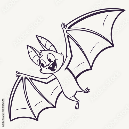 A funny little cartoon kitten with a black bat-like costume smiles while flying with a little girl and her umbrella