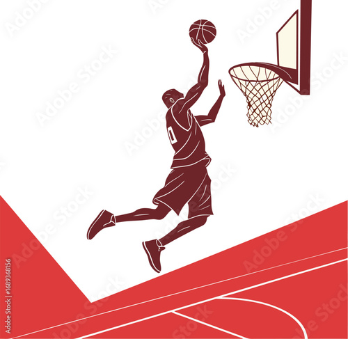 Dynamic Vector Illustration A Basketball Player Soaring Through the Air Ready to Dunk the Ball on a Red and White Background