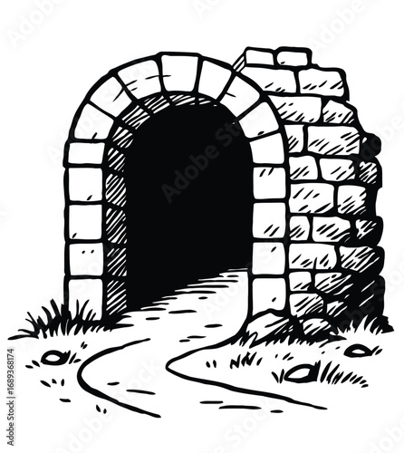 Stone Archway Tunnel Entrance with Winding Path and Grass Keywords: archway, tunnel, stone, masonry, entrance