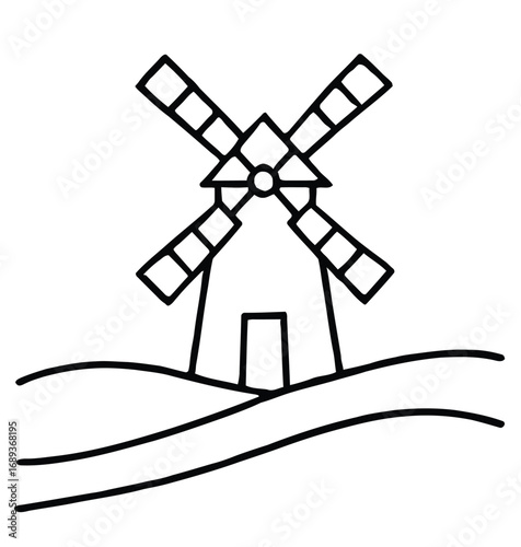 Simple Line Art Icon of a Windmill on Rolling Hills Keywords: windmill, wind, power, energy, agriculture, rural