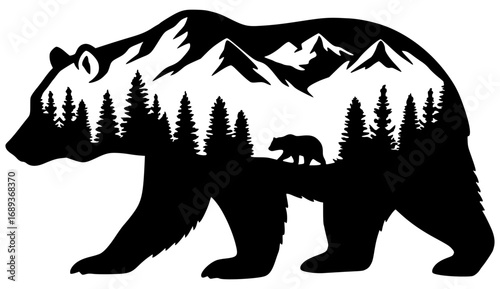 Bear with Mountain and Forest Silhouette, Bear SVG, Mountain SVG, Forest SVG, Nature SVG