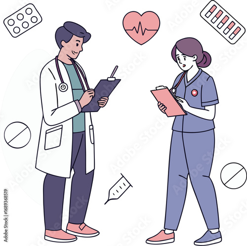 Medical Professionals Conferring Over Patient Information in a Modern, Cartoon Style Illustration with Healthcare Elements Surrounding Them