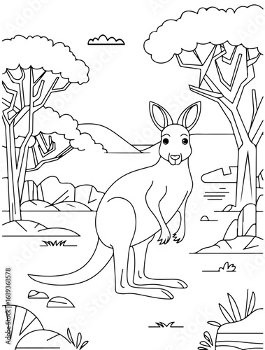Kangaroo outline coloring page with Australian outback trees, rocks, and hills in nature line art