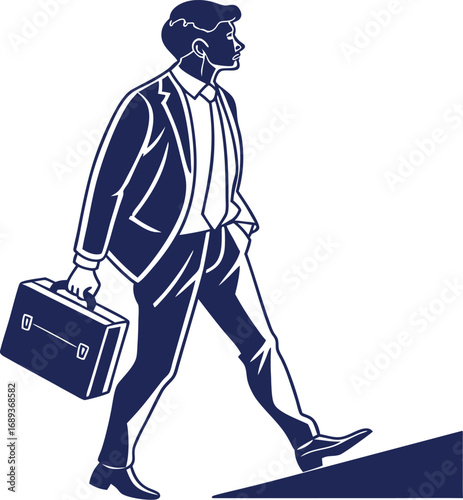 Stylized Illustration of a Business Man Walking Upward with Determination and Purposeful Stride Carrying a Briefcase in Hand