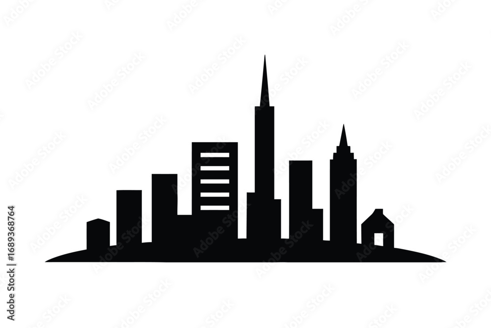 Naklejka premium Black silhouette of a city skyline with diverse buildings and a pointed spire urban