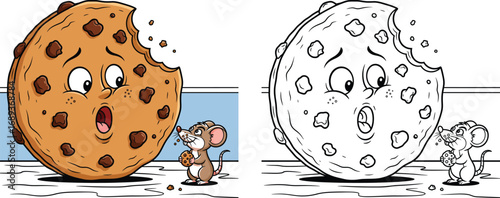 Surprised Cookie Character with Mouse Eating Chocolate Chip Cookie