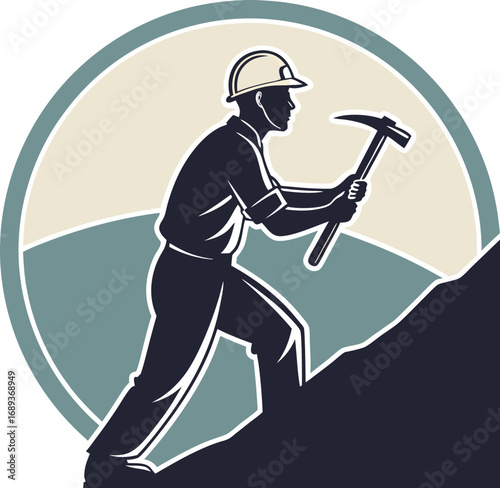 Silhouette Illustration of a Miner Climbing a Mountain with Pickaxe Retro Style Mining Industry Heritage and Labor Concept