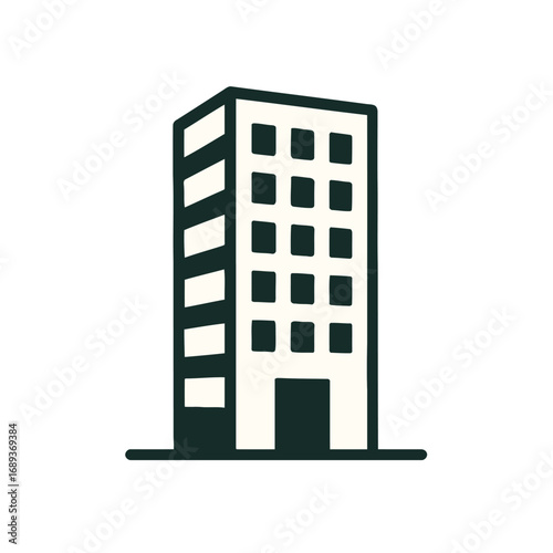 Simple Icon of a Tall Office Building with Windows and Entrance Keywords: building, icon, office, skyscraper