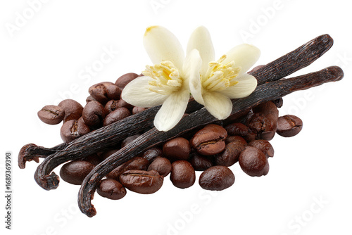 Close-up of vanilla beans and coffee beans with flowers