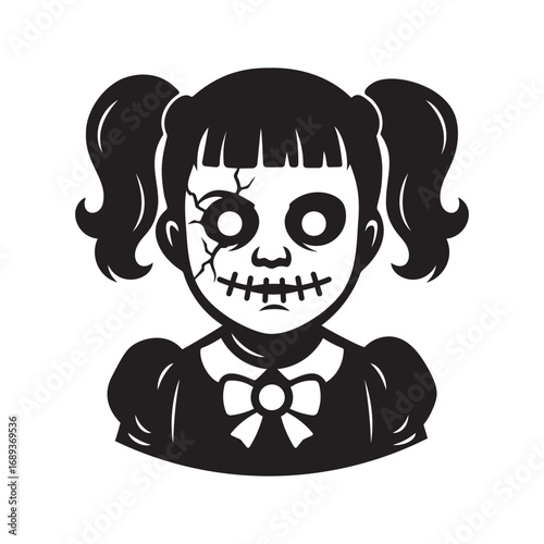 creepy porcelain doll vector – haunted horror character with cracked face and stitched smile on white  background.