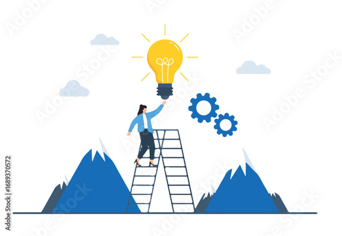 Flat illustration of woman climbing ladder to reach innovation summit as top creative leader
